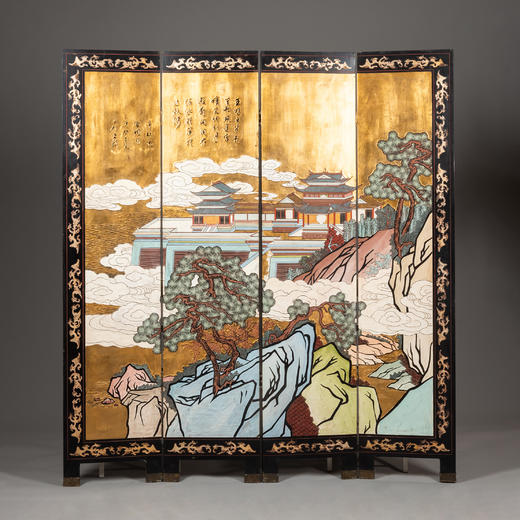独角鹿西洋古董中国创汇时期宫阙楼宇主题金地款彩雕漆四曲屏风 商品图1