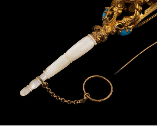 独角鹿西洋古董法国黄铜合金镂雕嵌绿松石红色琉璃母贝手柄捧花棒 商品图2