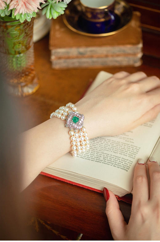 独角鹿西洋古董法国18K白金镶钻石哥伦比亚祖母绿四股珍珠手链 商品图0