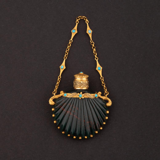 独角鹿西洋古董法国卷叶纹黄金镶绿松石贝壳型血滴石醒神盐瓶 商品图0