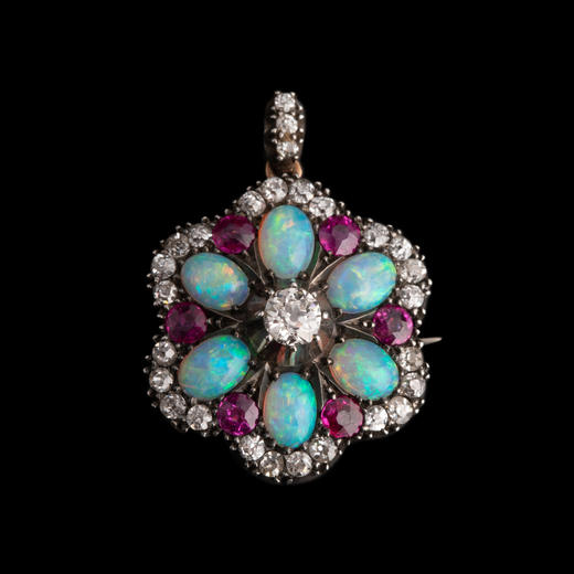 独角鹿西洋古董维多利亚时期14K金镶钻石红宝石欧泊石胸针吊坠 商品图0