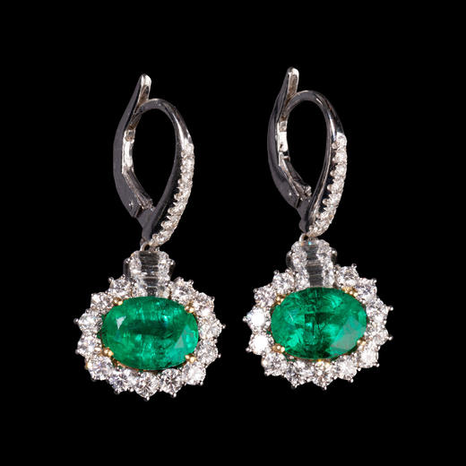 独角鹿西洋古董珠宝首饰法国18K白金镶嵌钻石及祖母绿耳坠一对 商品图1