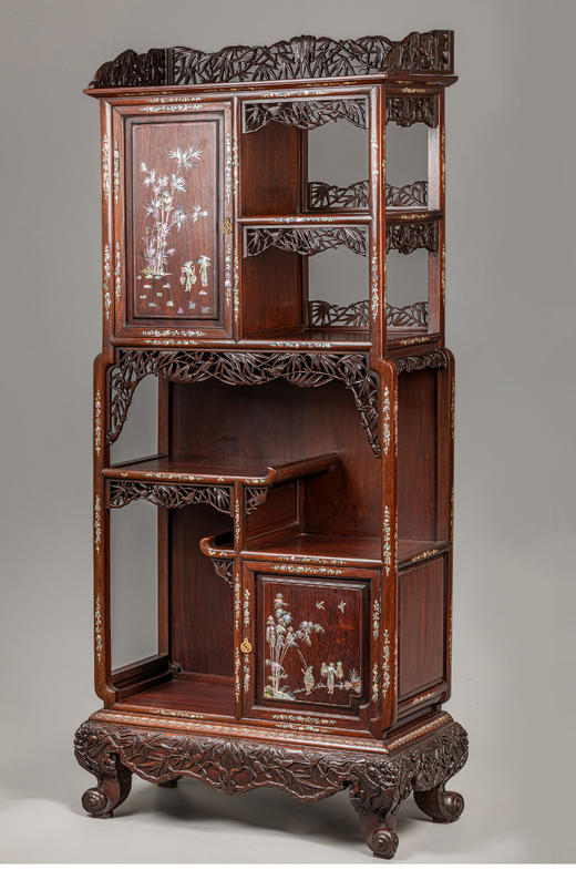 独角鹿西洋古董家具东方竹韵风景人物螺钿镶嵌镂雕漆木多宝阁 商品图3