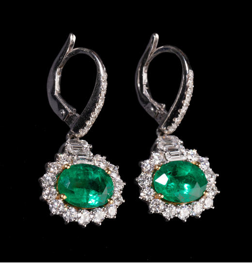 独角鹿西洋古董珠宝首饰法国18K白金镶嵌钻石及祖母绿耳坠一对 商品图3