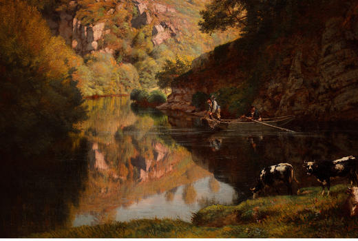 独角鹿西洋古董法国风景大型布面油画《生机勃勃的河畔风光》 商品图2