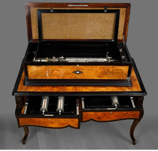 独角鹿西洋古董瑞士母贝细木镶嵌胡桃木外盒配四滚轴桌式音乐盒 商品图4