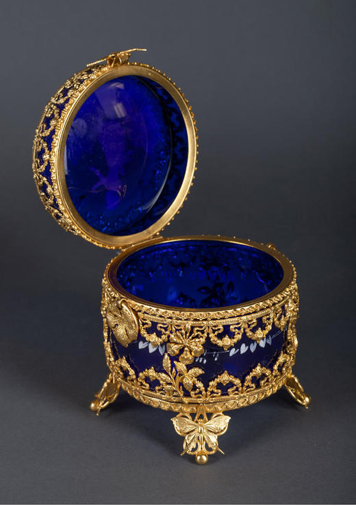 独角鹿西洋古董新艺术风格蝴蝶花卉铜鎏金手绘蓝色水晶珍宝首饰盒 商品图3