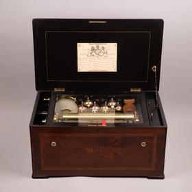 独角鹿西洋古董瑞士花卉主题细木镶嵌外箱配铃铛响鼓滚轴式音乐盒