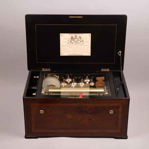 独角鹿西洋古董瑞士花卉主题细木镶嵌外箱配铃铛响鼓滚轴式音乐盒 商品图0