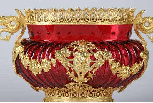 独角鹿西洋古董法国古典神话人物及飞龙铜鎏金精雕红色水晶花盆套 商品图4