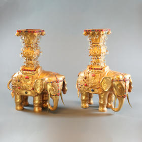 独角鹿西洋古董中国铜鎏金嵌青金石玉石朱砂绿松石吉象摆件一对