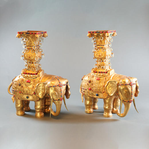 独角鹿西洋古董中国铜鎏金嵌青金石玉石朱砂绿松石吉象摆件一对 商品图0