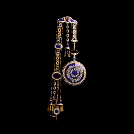 独角鹿西洋古董英国18K黄金镶天然珍珠钻石深蓝珐琅腰链式怀表 商品图0