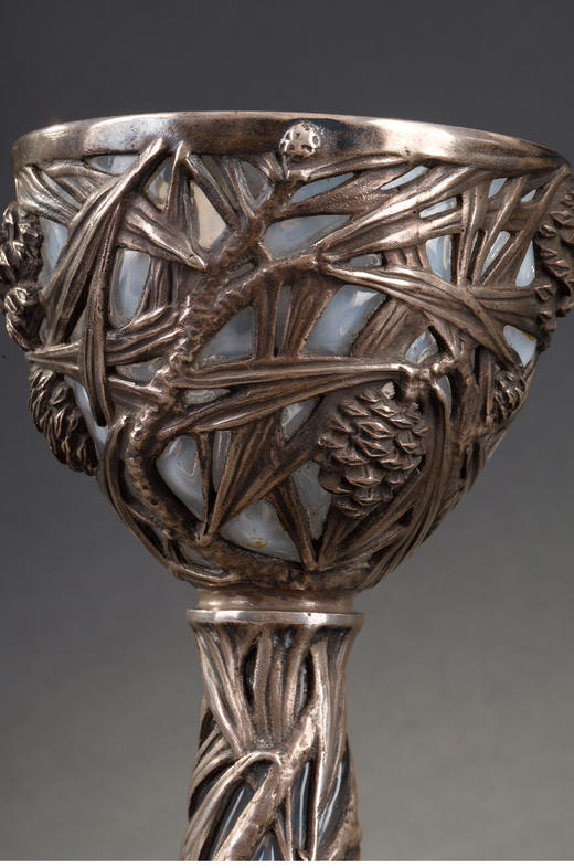 独角鹿西洋古董法国工坊莱俪LALIQUE松果款银质镂雕欧泊水晶圣杯 商品图3