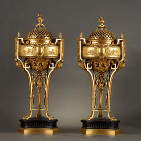 独角鹿西洋古董法国新古典主义风格铜鎏金大理石底座薰香炉一对