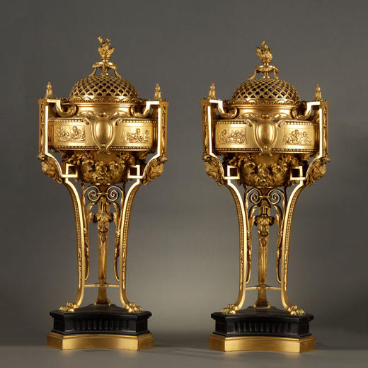 独角鹿西洋古董法国新古典主义风格铜鎏金大理石底座薰香炉一对 商品图0