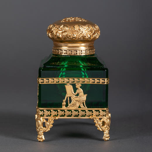 独角鹿西洋古董法国新古典主义风格缪斯女神铜鎏金绿色水晶墨水瓶 商品图0