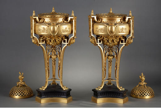 独角鹿西洋古董法国新古典主义风格铜鎏金大理石底座薰香炉一对 商品图2