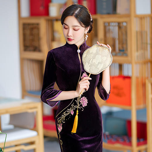秋季七分袖新款复古旗袍丝绒修身立领长款改良礼服STF-C2170 商品图4
