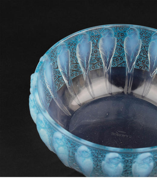 独角鹿西洋古董法国LALIQUE莱俪PERRUCHES款鹦鹉蓝色欧泊水晶盆 商品图3