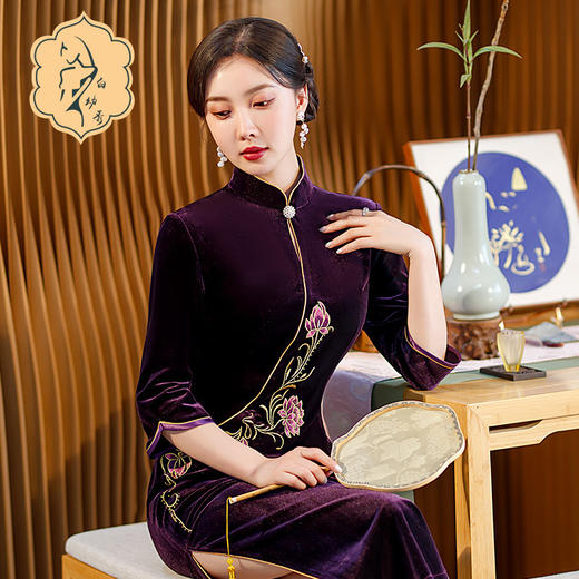 秋季七分袖新款复古旗袍丝绒修身立领长款改良礼服STF-C2170 商品图1