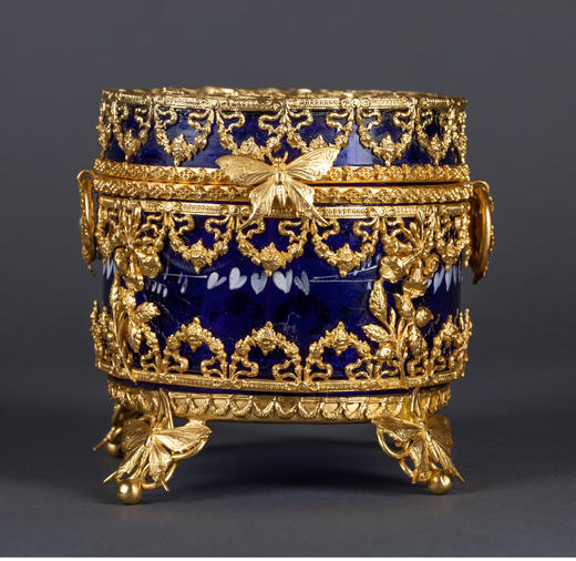 独角鹿西洋古董新艺术风格蝴蝶花卉铜鎏金手绘蓝色水晶珍宝首饰盒 商品图1