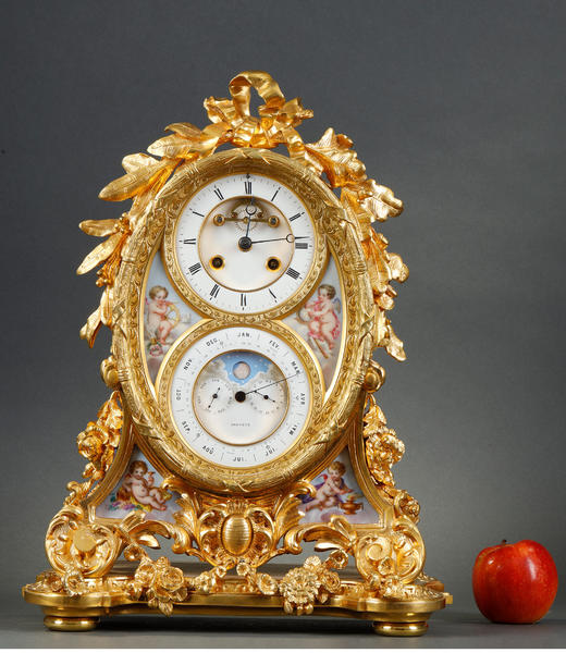 独角鹿西洋古董法国路易十五风古典天使瓷面彩绘花叶纹铜鎏金座钟 商品图1