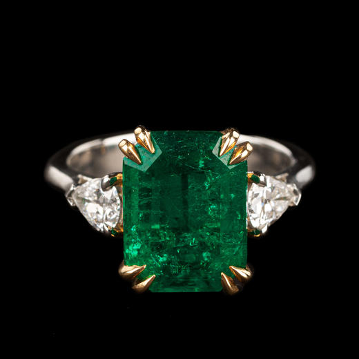 独角鹿西洋古董首饰法国铂金18K黄金镶钻石哥伦比亚祖母绿戒指 商品图1