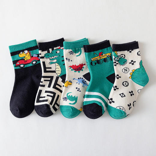 【5双装】秋冬儿童中筒袜 新年大红袜 男童吸汗精梳棉时尚卡通恐龙袜 学生亮色袜子 商品图7