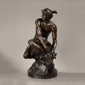 独角鹿西洋古董法国系紧脚跟双翼的信使赫尔墨斯主题青铜雕塑