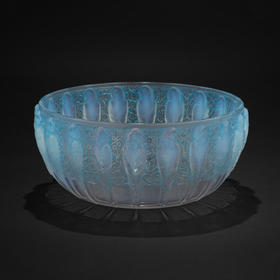 独角鹿西洋古董法国LALIQUE莱俪PERRUCHES款鹦鹉蓝色欧泊水晶盆