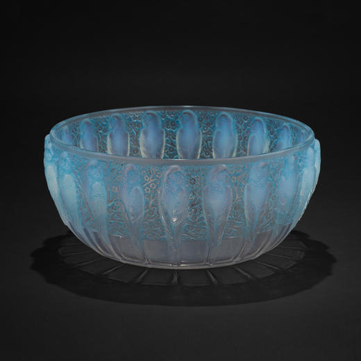 独角鹿西洋古董法国LALIQUE莱俪PERRUCHES款鹦鹉蓝色欧泊水晶盆 商品图0