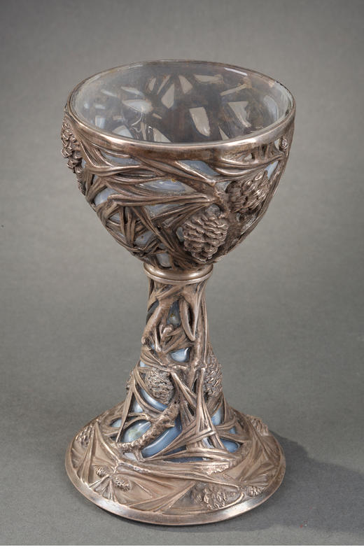 独角鹿西洋古董法国工坊莱俪LALIQUE松果款银质镂雕欧泊水晶圣杯 商品图2