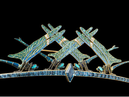 独角鹿西洋古董法国莱俪18K黄金镶空窗珐琅钻石海蓝宝石蜻蜓胸针 商品图2