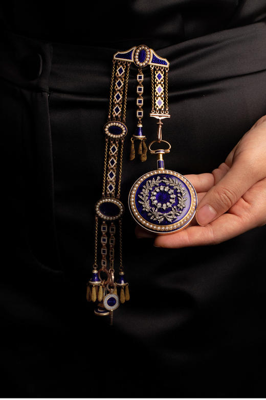 独角鹿西洋古董英国18K黄金镶天然珍珠钻石深蓝珐琅腰链式怀表 商品图1