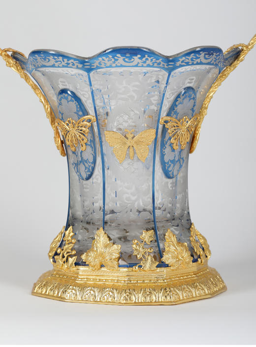 独角鹿西洋古董法国新艺术昆虫与花叶铜鎏金蓝色蚀刻花纹水晶花篮 商品图4