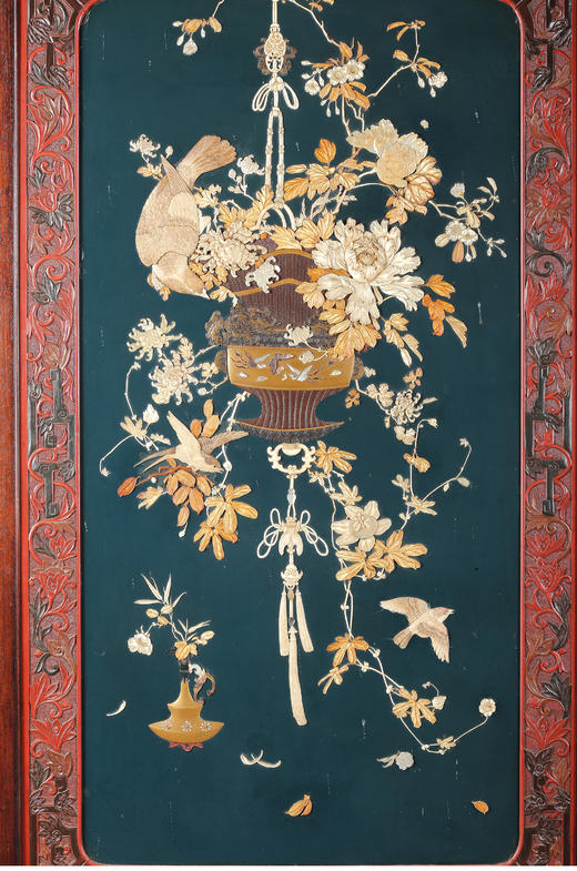 独角鹿西洋古董日本明治时剔红雕漆富贵牡丹寿菊芝山镶嵌两曲屏风 商品图4