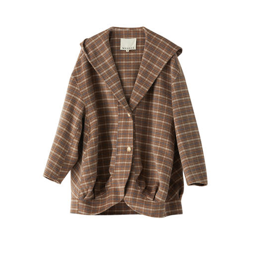 谜底2022冬新款A字型连帽大衣复古格纹宽松中长款双面呢224MD1743 商品图4