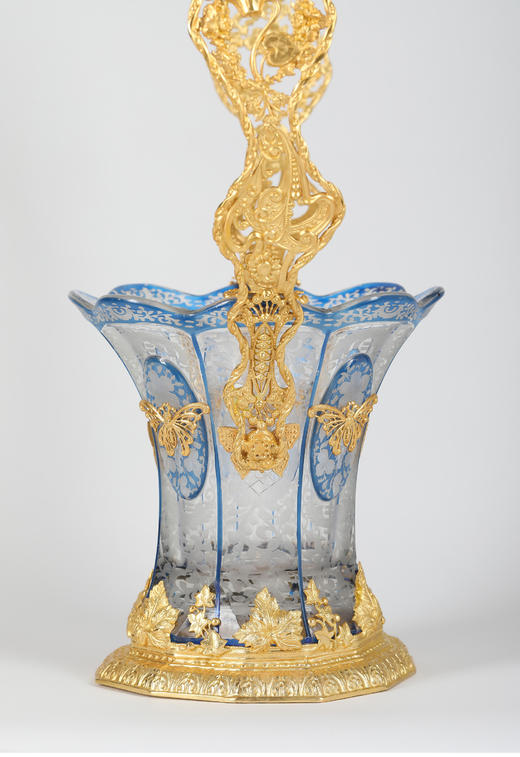 独角鹿西洋古董法国新艺术昆虫与花叶铜鎏金蓝色蚀刻花纹水晶花篮 商品图3