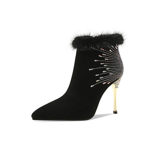 欧美性感尖头细跟高跟鞋短靴子，毛毛翻皮磨砂水钻秋季新款加绒JX-C18-5 商品图4