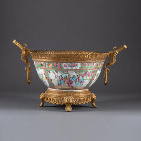 独角鹿西洋古董法国铜鎏金双耳传统园邸人物中国广彩瓷潘趣酒碗