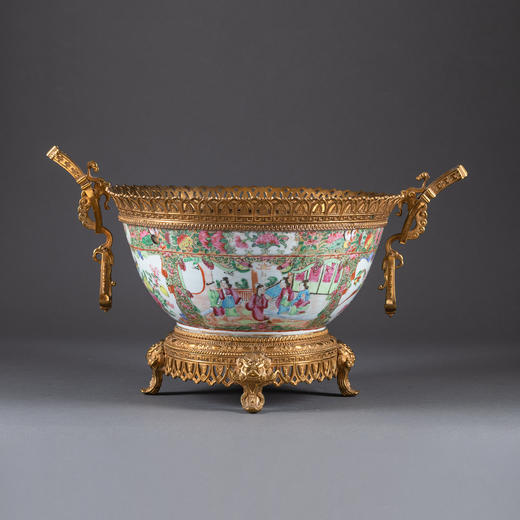 独角鹿西洋古董法国铜鎏金双耳传统园邸人物中国广彩瓷潘趣酒碗 商品图0