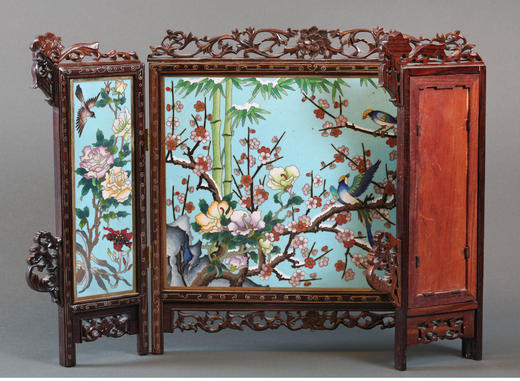 独角鹿西洋古董清代中国花叶纹镂雕木质边框掐丝珐琅三曲小桌屏 商品图1