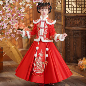 DY-8818儿童汉服女童拜年服冬季新款童装小女孩中国风唐装红色裙套装
