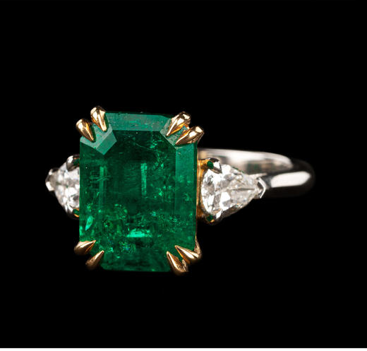 独角鹿西洋古董首饰法国铂金18K黄金镶钻石哥伦比亚祖母绿戒指 商品图3