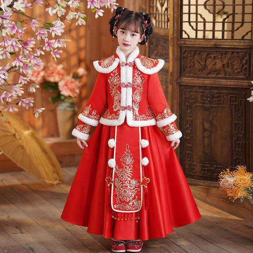 DY-8818儿童汉服女童拜年服冬季新款童装小女孩中国风唐装红色裙套装 商品图3