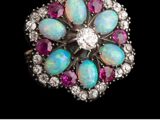 独角鹿西洋古董维多利亚时期14K金镶钻石红宝石欧泊石胸针吊坠 商品图3