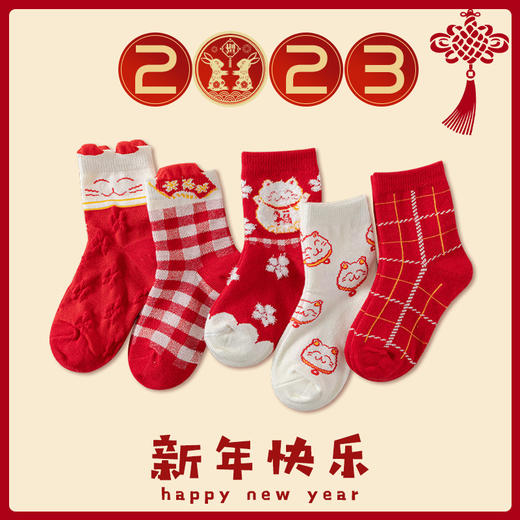 【5双装】秋冬儿童中筒袜 新年大红袜 男童吸汗精梳棉时尚卡通恐龙袜 学生亮色袜子 商品图0