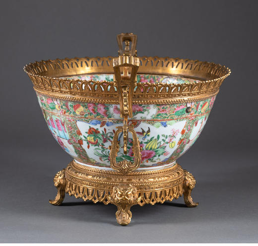 独角鹿西洋古董法国铜鎏金双耳传统园邸人物中国广彩瓷潘趣酒碗 商品图4