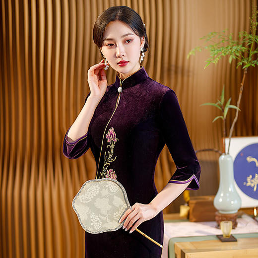 秋季七分袖新款复古旗袍丝绒修身立领长款改良礼服STF-C2170 商品图2